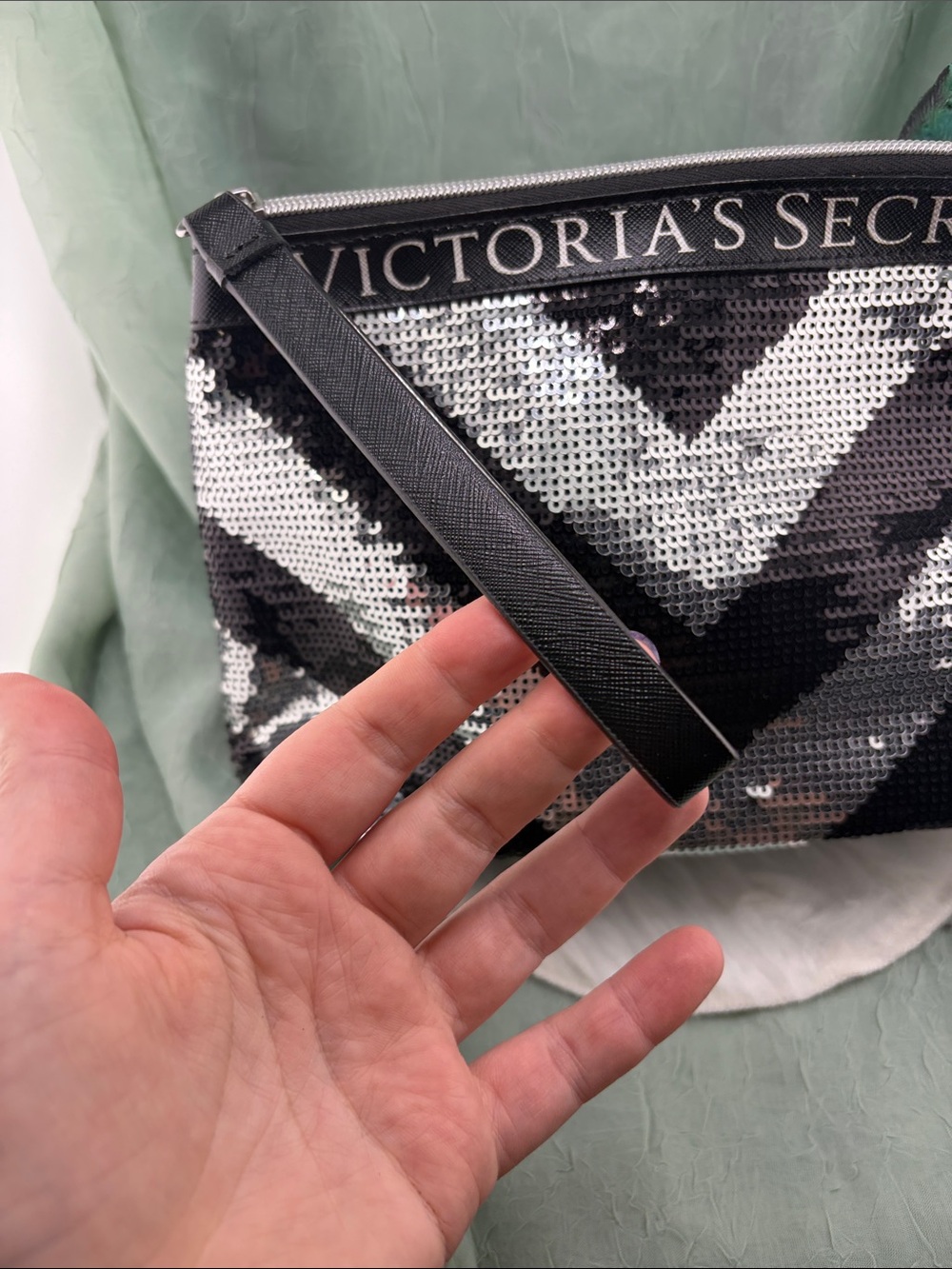 Victoria's Secret Black & Silver Chevron Sequin Wristlet - Picture 3 of 8